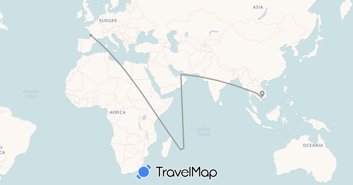 TravelMap itinerary: driving, plane in United Arab Emirates, France, Cambodia, Mauritius, Thailand, Vietnam (Africa, Asia, Europe)